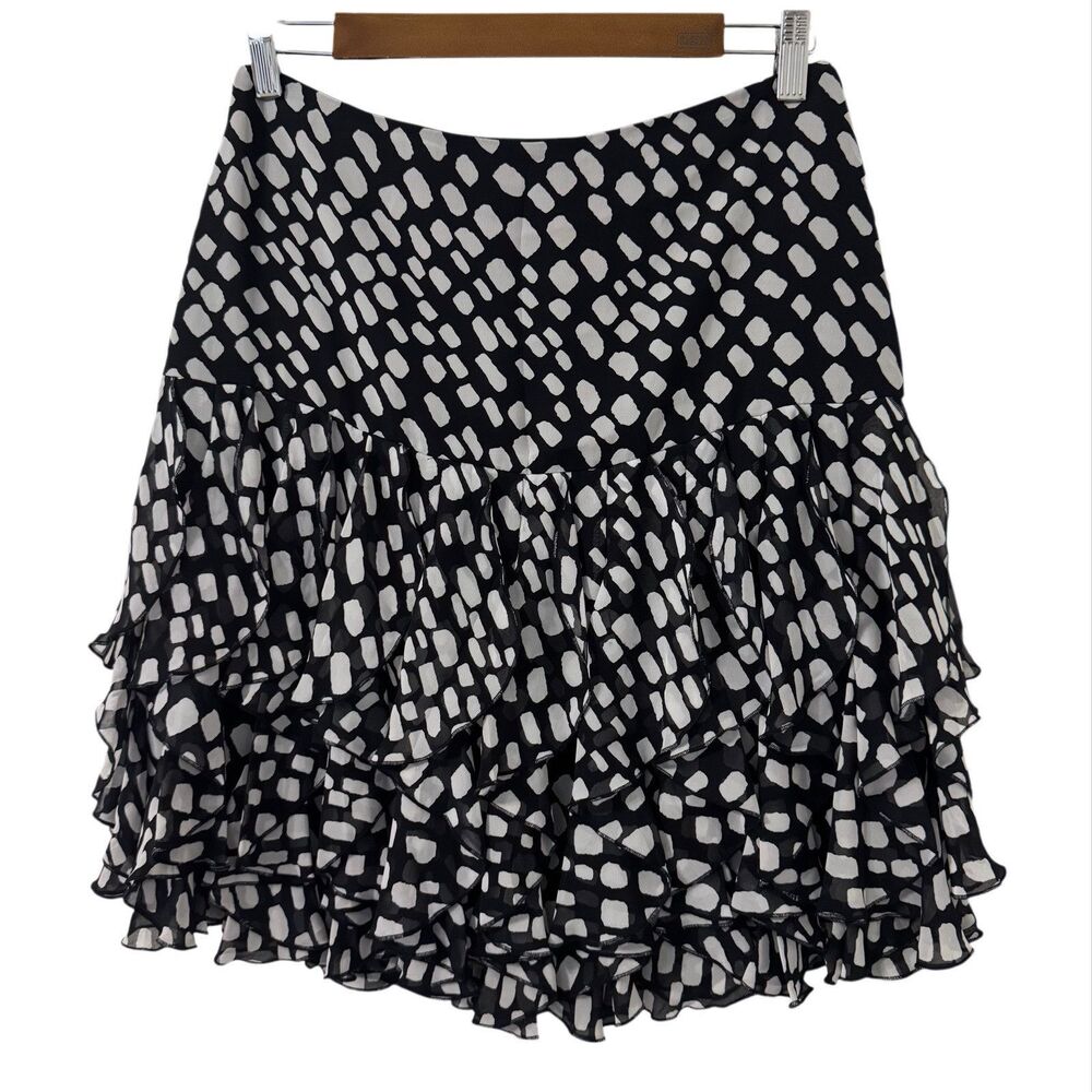 White House Black Market Ruffled Skirt Sz 2 Abstract Dot Feminine Layered Flirty